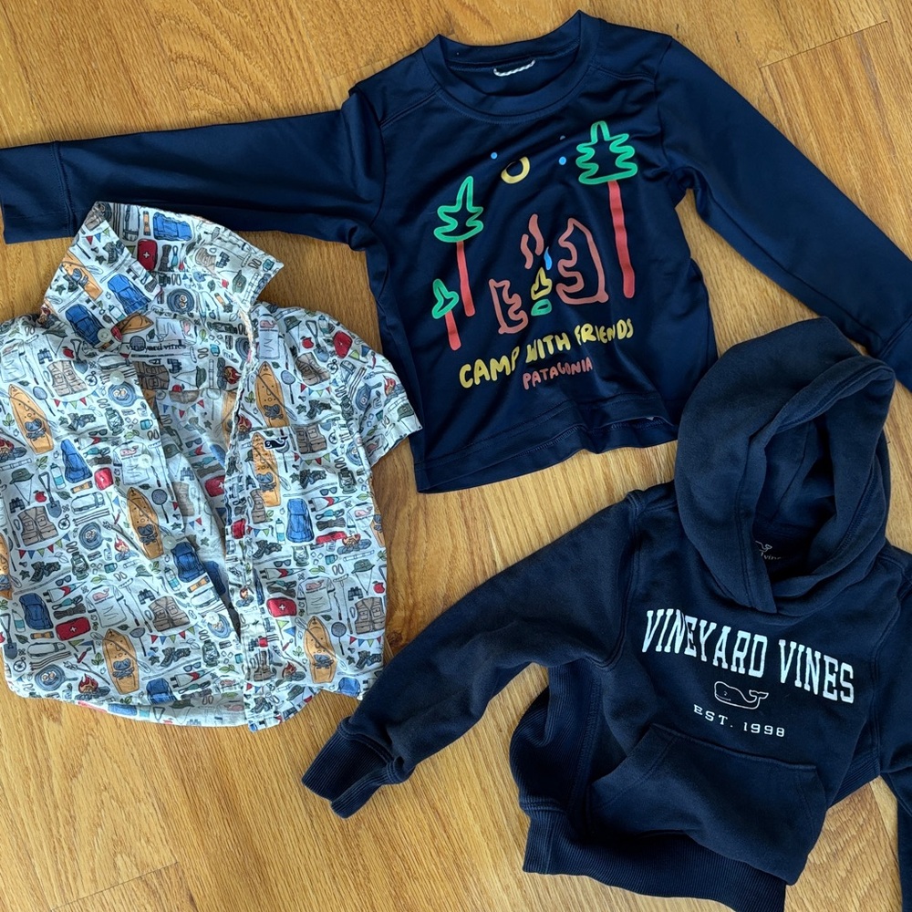 Bundle of Vineyard Vines Navy Kids Hoodie button down and patagonia LS
